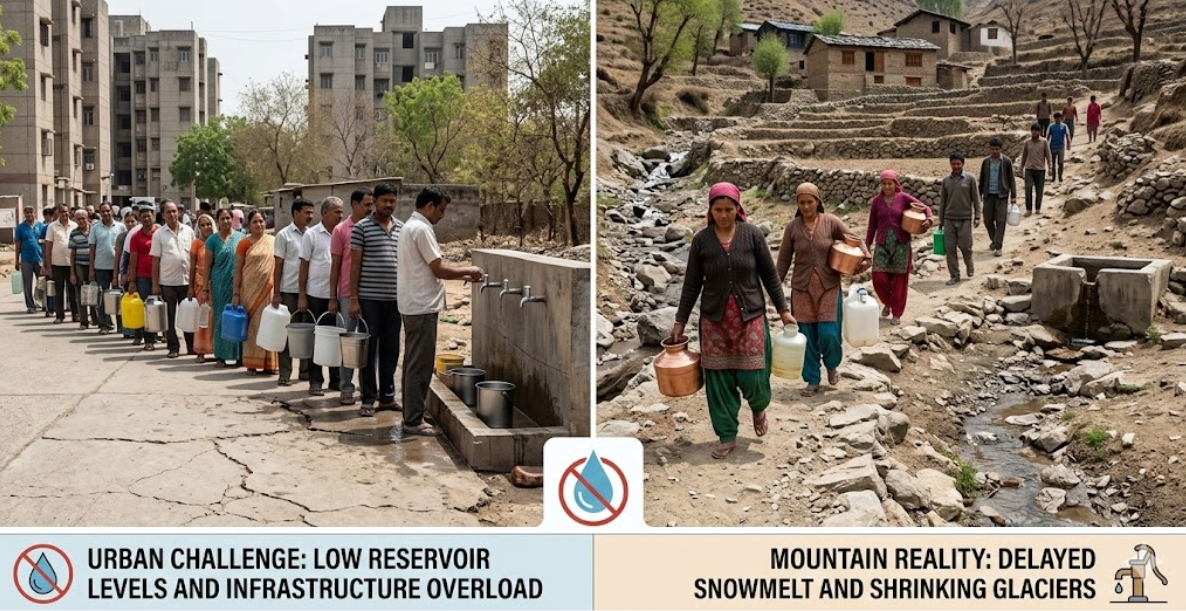 Water scarcity in urban and mountain region.