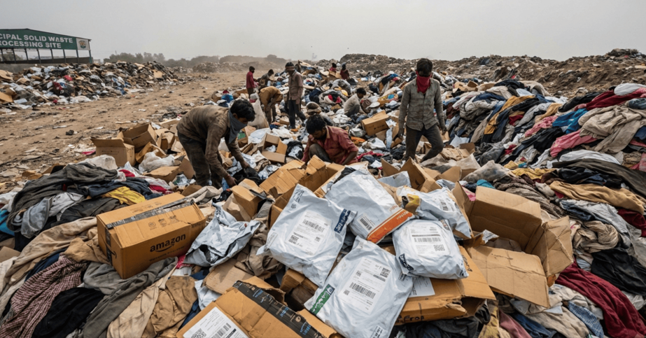 Landfill Site in India with Discarded Clothing and Packaging Waste