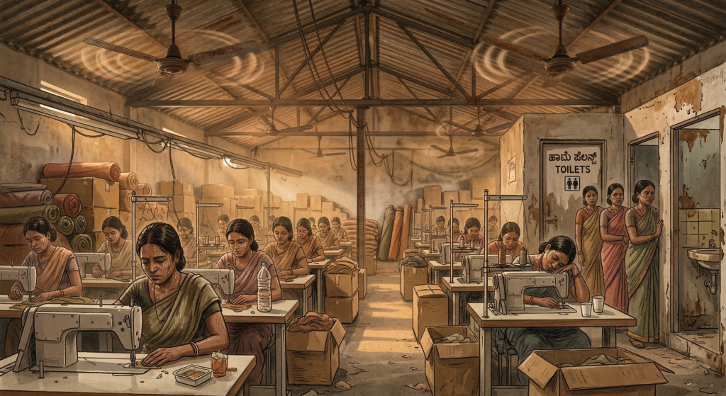 Inside factory -heat, poor facilities, water stress