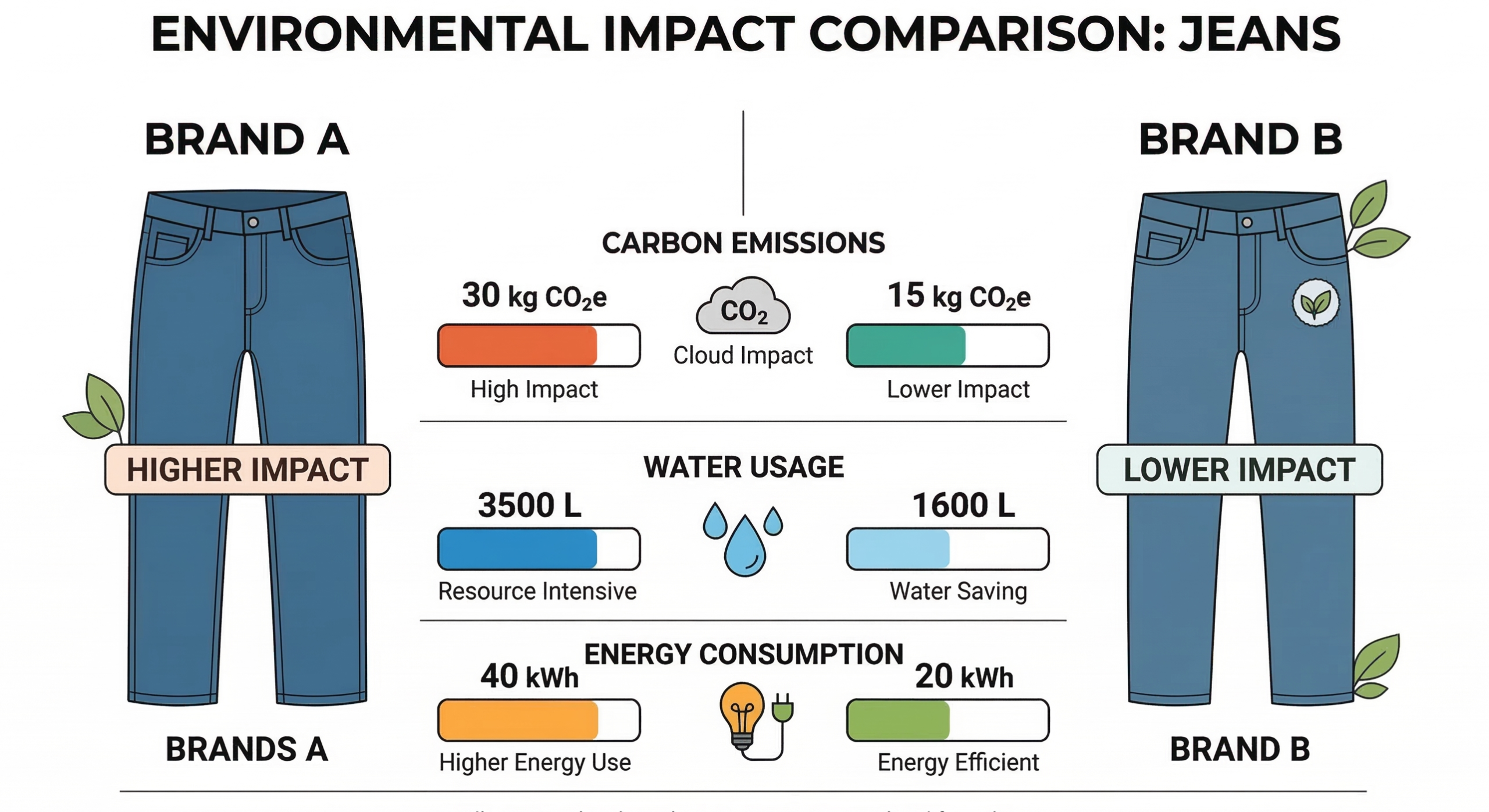 comparison of two clothing products showing environmental data. Two jeans displayed side by side with environmental metrics