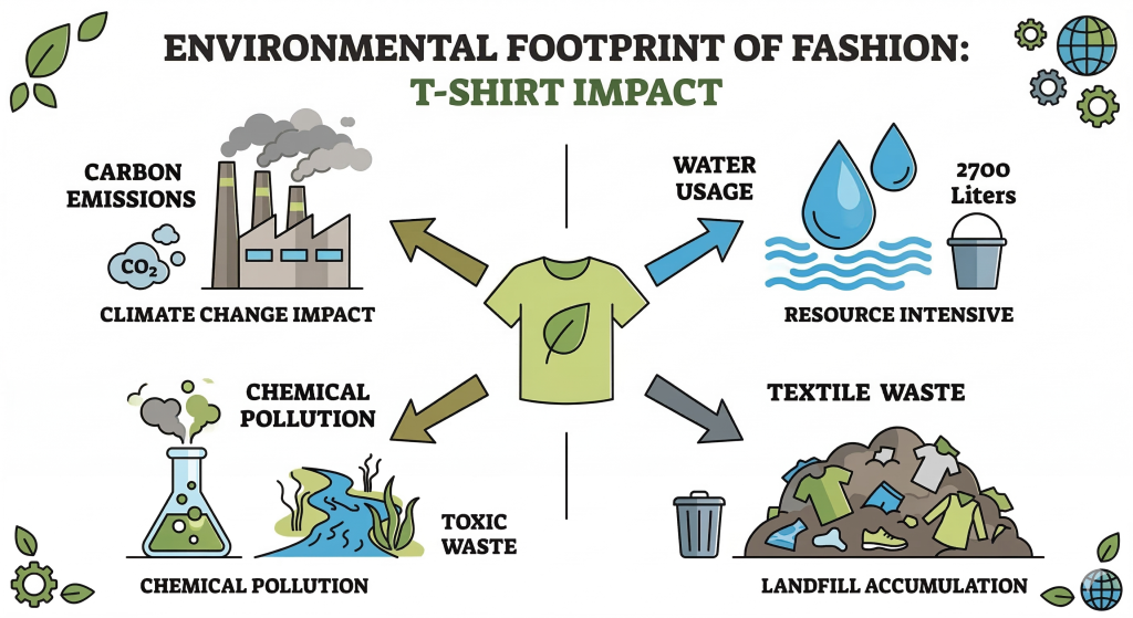environmental footprint of fashion, representing carbon emissions, water usage, chemical pollution, and textile waste.