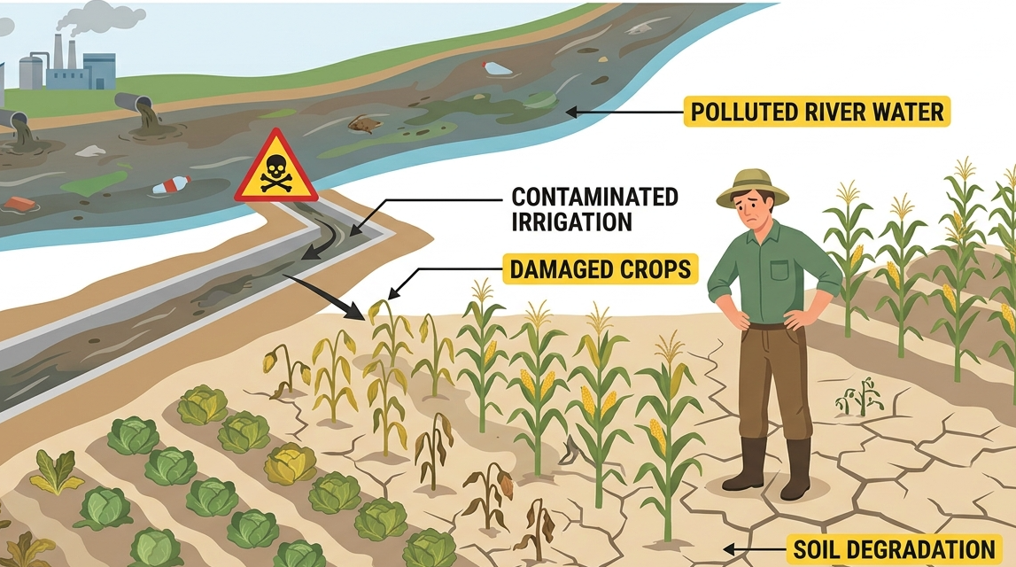 Polluted river water entering agricultural fields. dark contaminated irrigation water flows from the polluted river into the farmland through irrigation channels.
