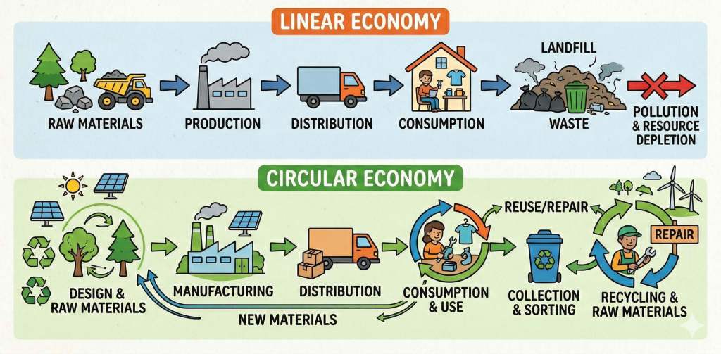 difference between linear economy and circular economy